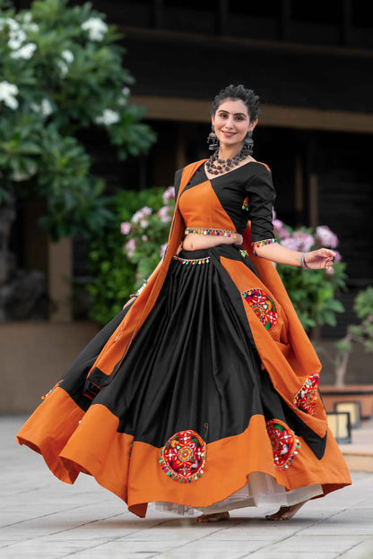 Orange And Black Gamthi Work Chaniya Choli For Navratri