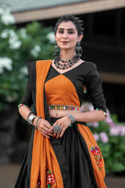 Orange And Black Gamthi Work Chaniya Choli For Navratri