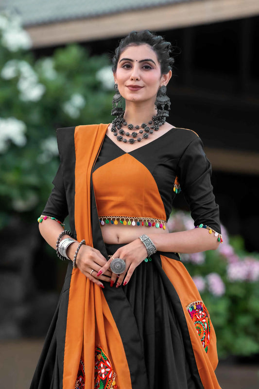 Orange And Black Gamthi Work Chaniya Choli For Navratri