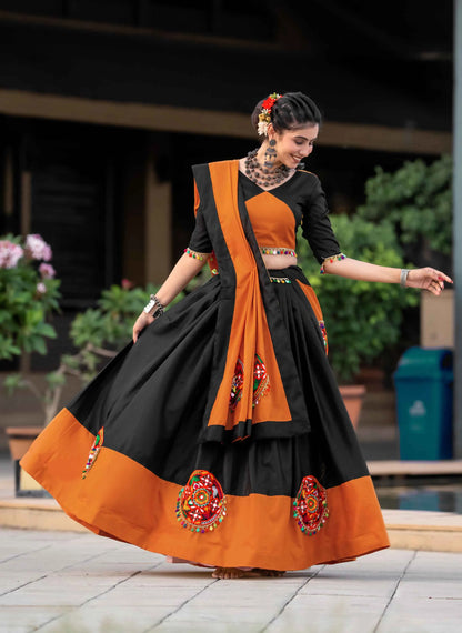 Orange And Black Gamthi Work Chaniya Choli For Navratri