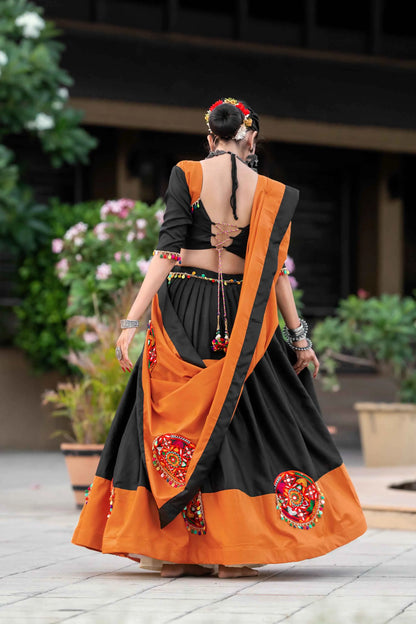 Orange And Black Gamthi Work Chaniya Choli For Navratri