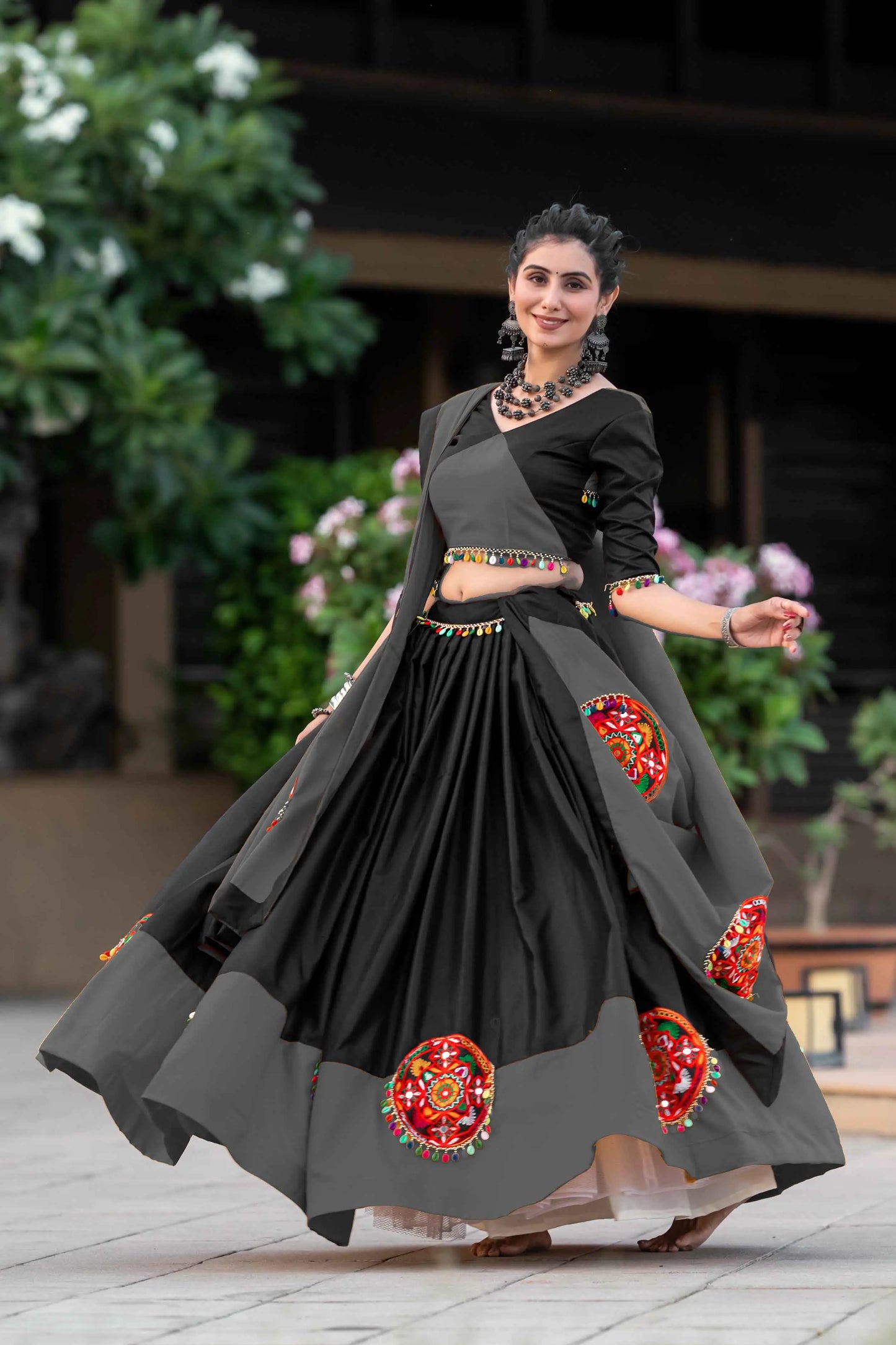 Grey And Black Gamthi Work Chaniya Choli For Navratri