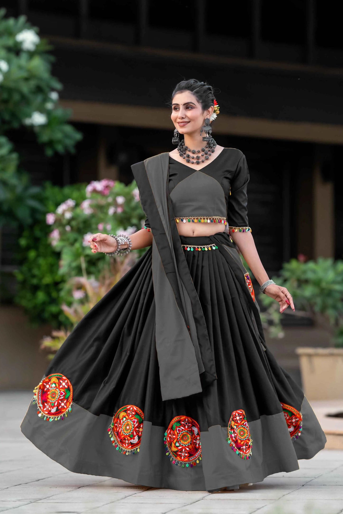 Grey And Black Gamthi Work Chaniya Choli For Navratri