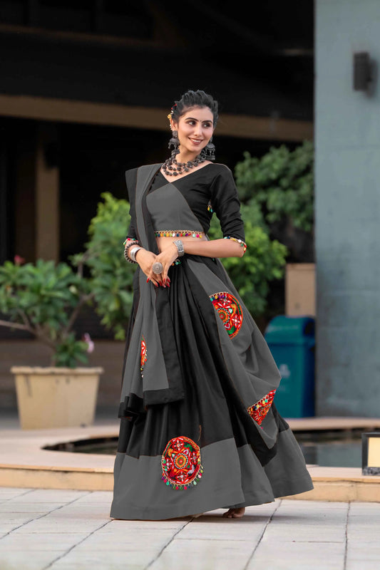 Grey And Black Gamthi Work Chaniya Choli For Navratri