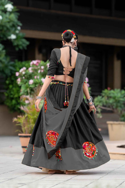 Grey And Black Gamthi Work Chaniya Choli For Navratri