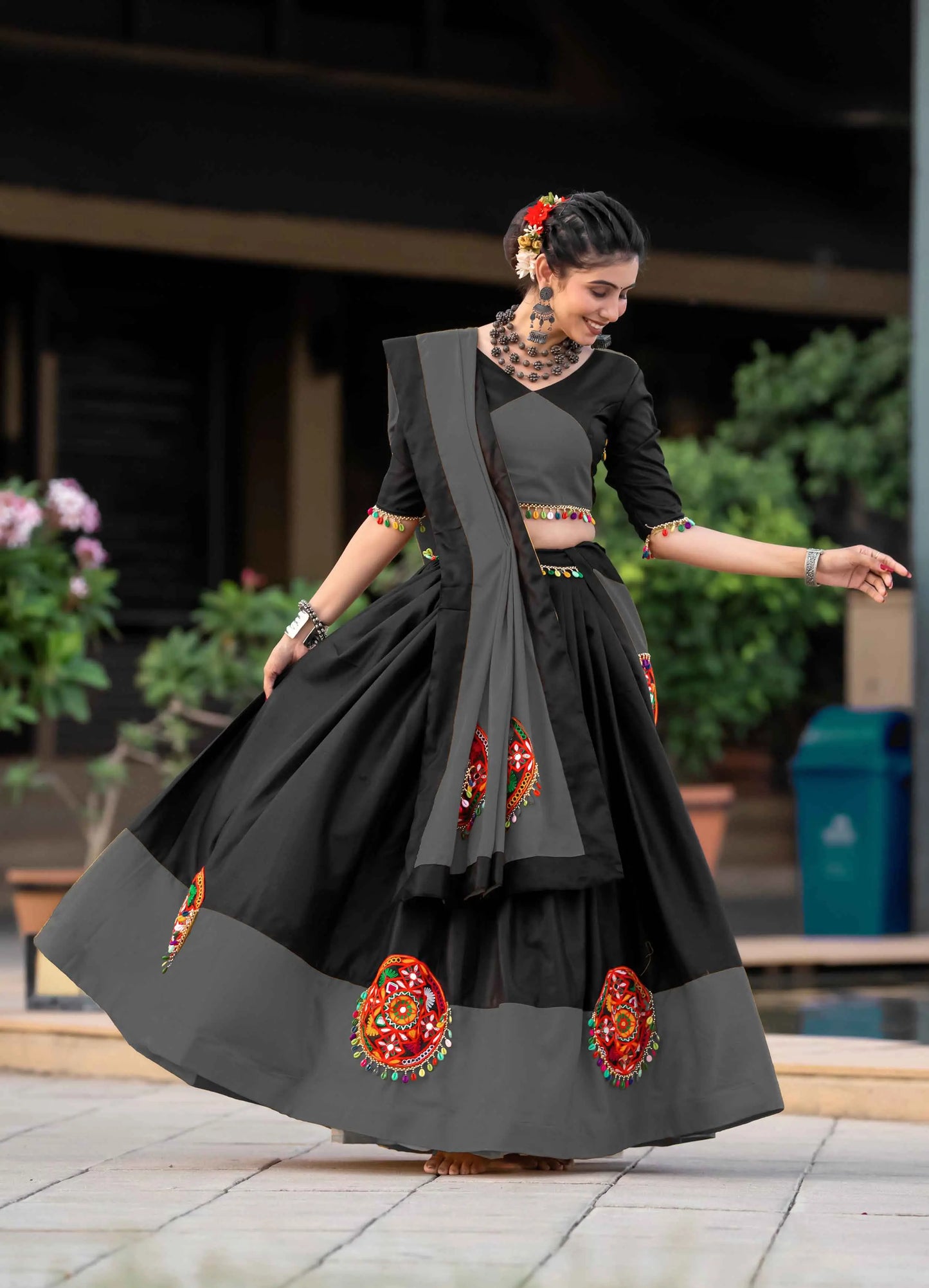 Grey And Black Gamthi Work Chaniya Choli For Navratri