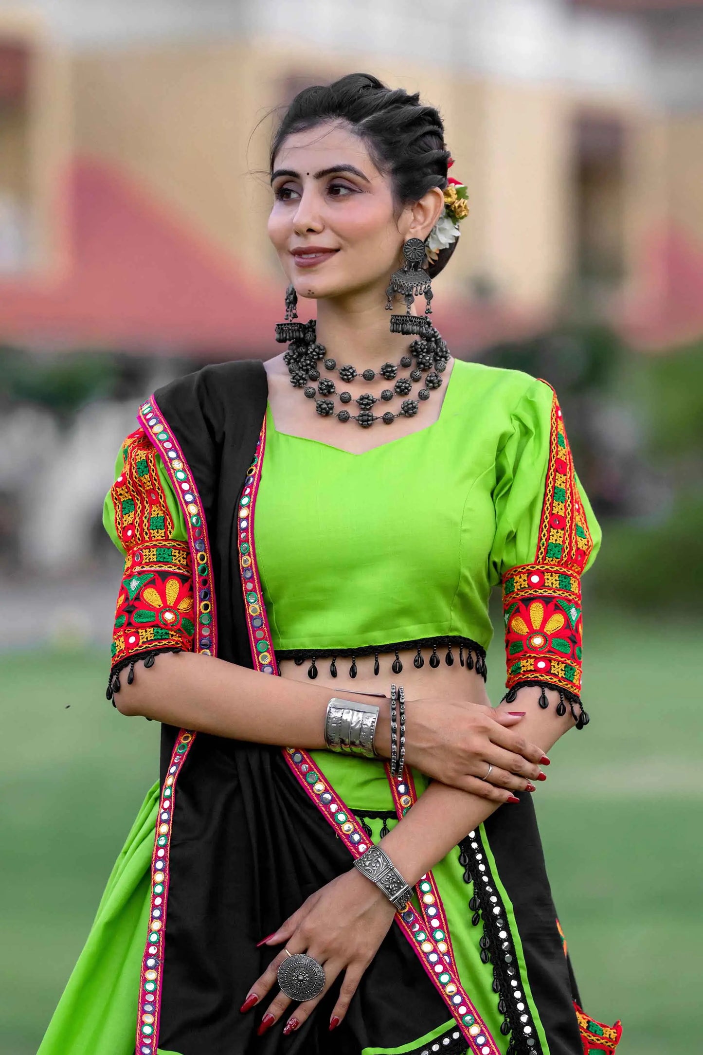 Parrot Green Traditional Gantthi Work Chaniya Choli For Navratri