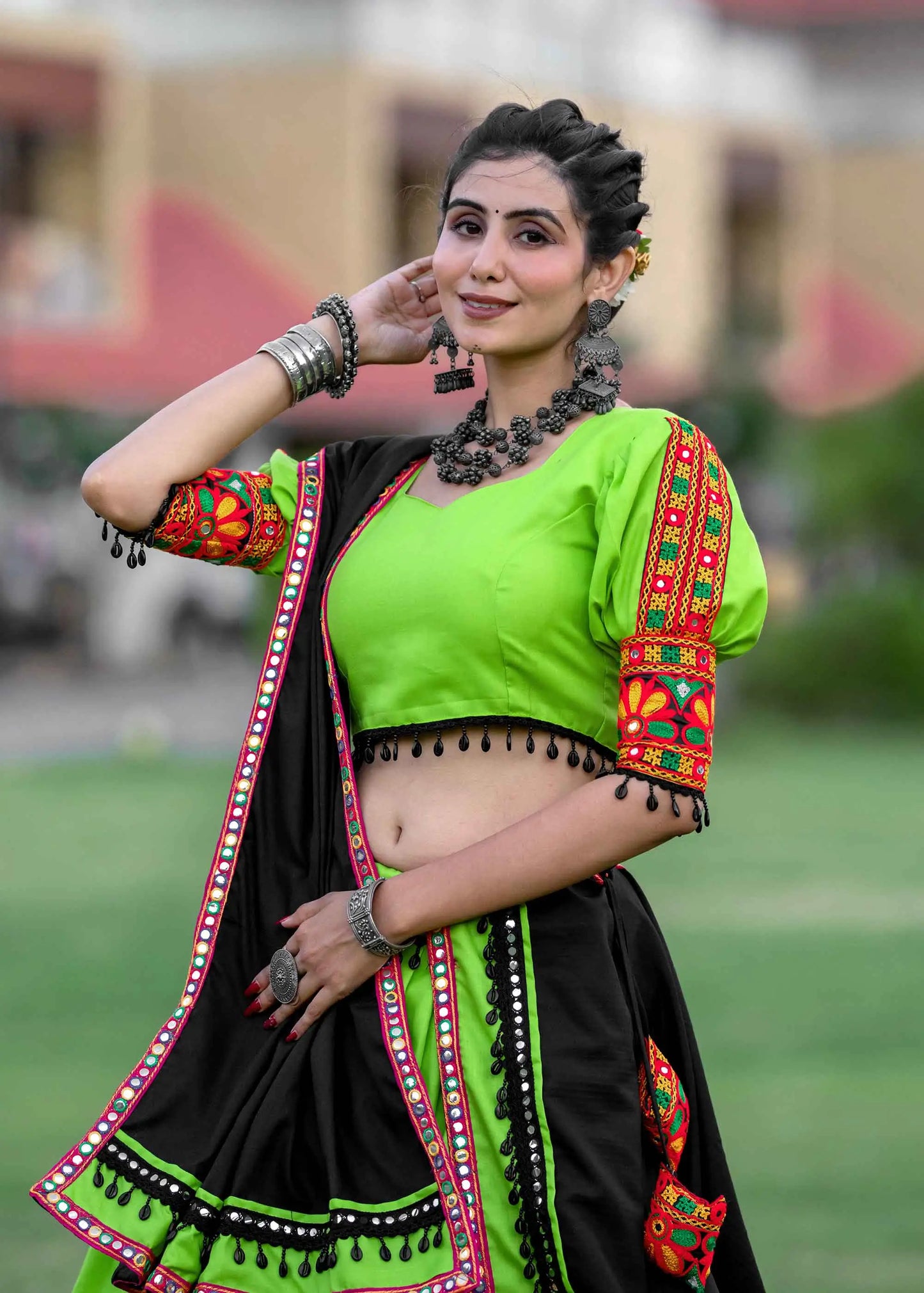 Parrot Green Traditional Gantthi Work Chaniya Choli For Navratri