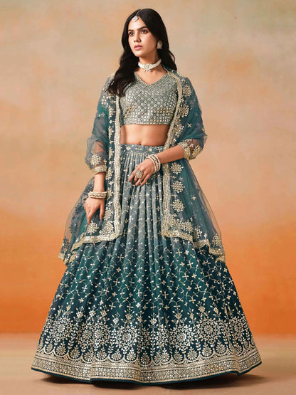 Blue To Grey Gradient Georgette Lehenga With Zari Sequins Embroidery Work
