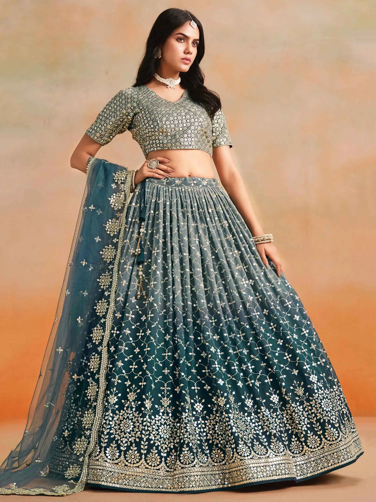 Blue To Grey Gradient Georgette Lehenga With Zari Sequins Embroidery Work