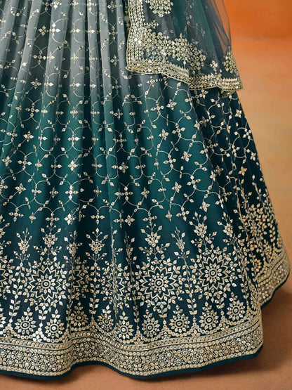 Blue To Grey Gradient Georgette Lehenga With Zari Sequins Embroidery Work