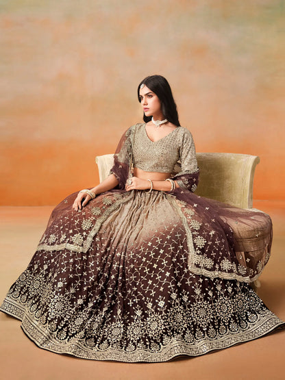 Beige To Brown Gradient Georgette Lehenga With Zari Sequins Embroidery Work