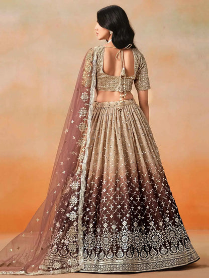 Beige To Brown Gradient Georgette Lehenga With Zari Sequins Embroidery Work