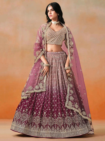 Maroon To Mauve Gradient Georgette Lehenga With Zari Sequins Embroidery Work