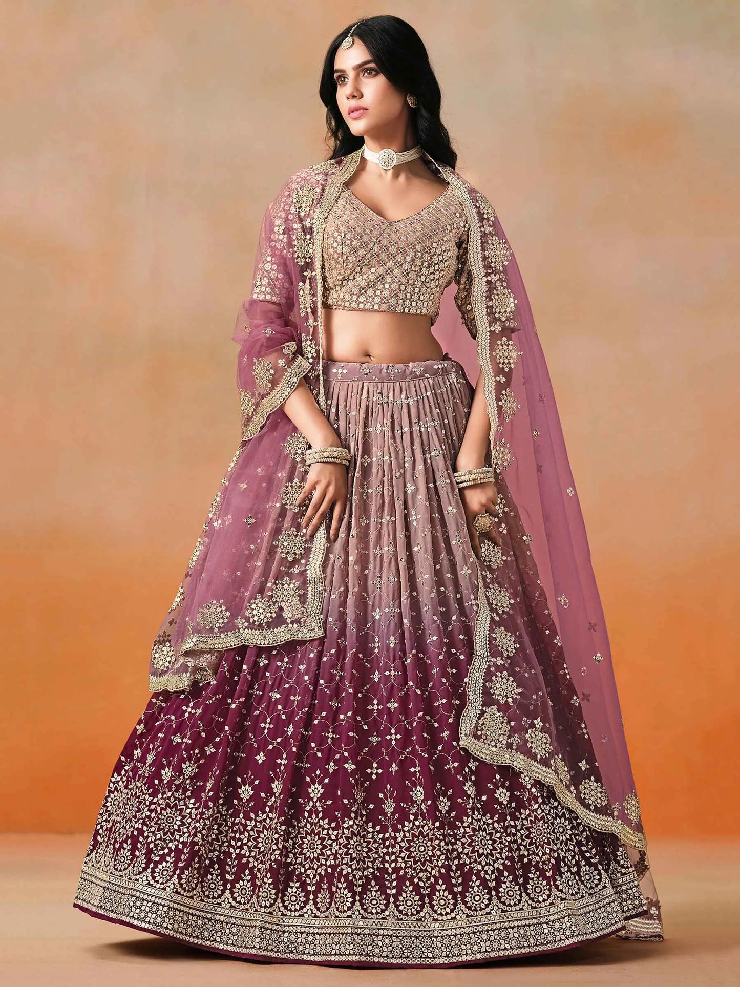 Maroon To Mauve Gradient Georgette Lehenga With Zari Sequins Embroidery Work
