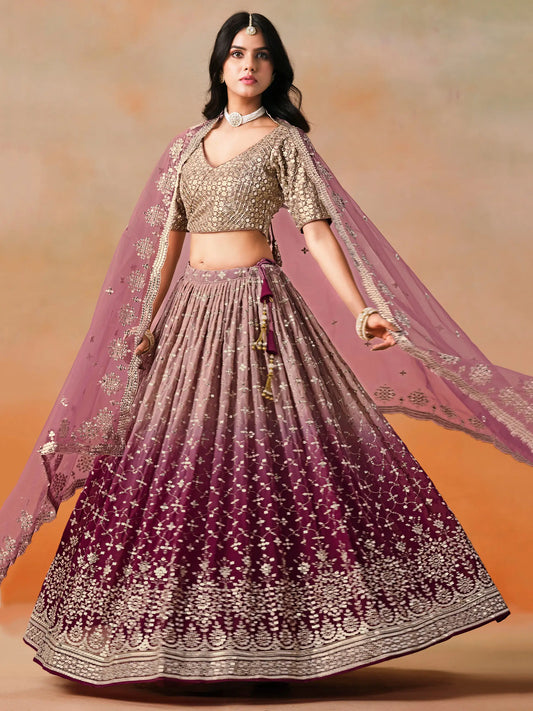 Maroon To Mauve Gradient Georgette Lehenga With Zari Sequins Embroidery Work