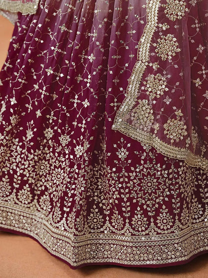 Maroon To Mauve Gradient Georgette Lehenga With Zari Sequins Embroidery Work