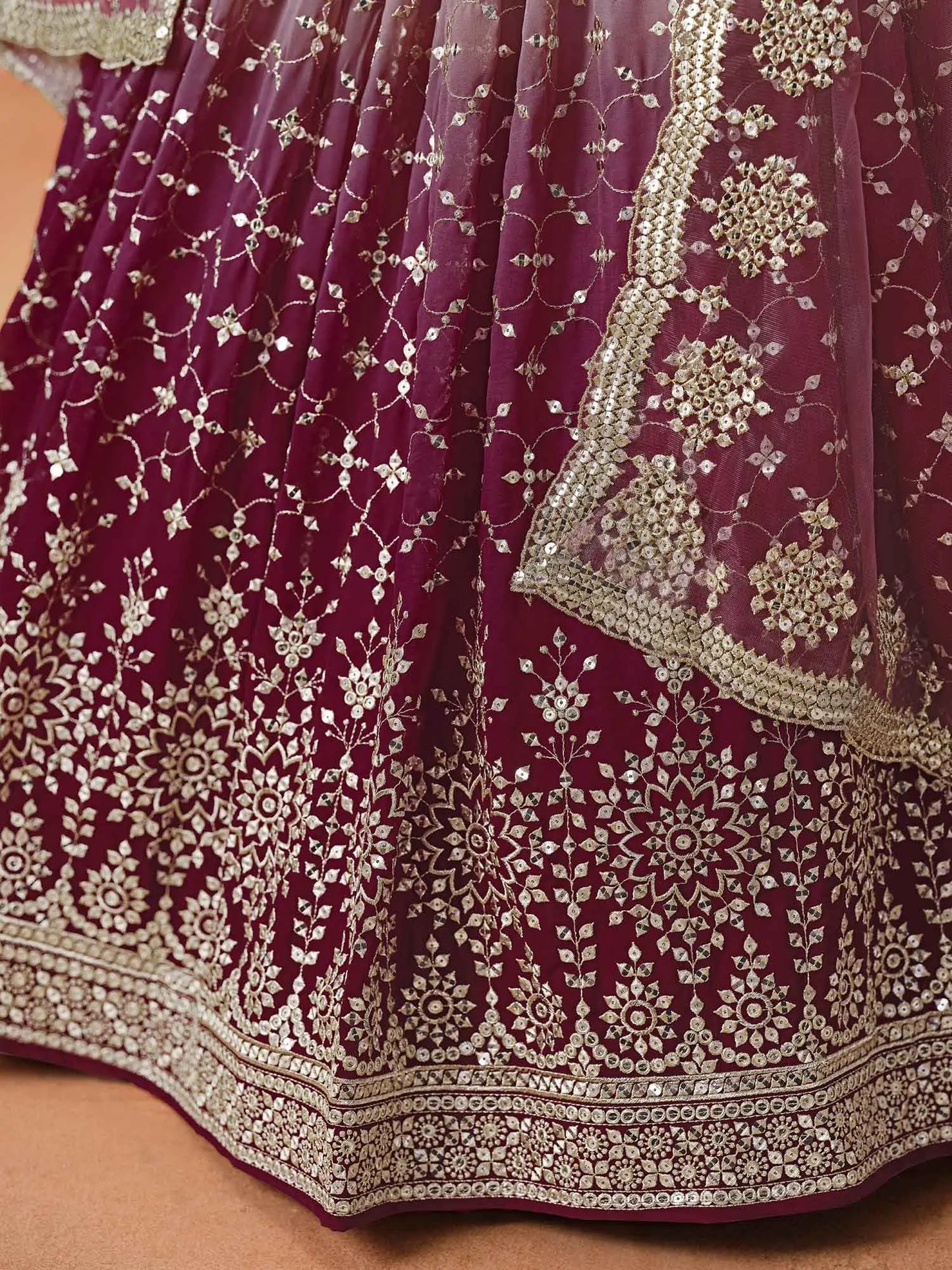Maroon To Mauve Gradient Georgette Lehenga With Zari Sequins Embroidery Work