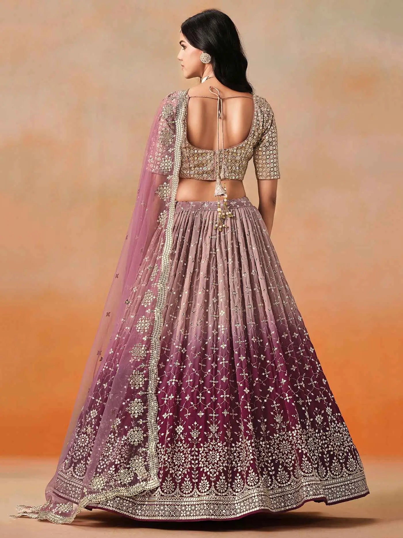 Maroon To Mauve Gradient Georgette Lehenga With Zari Sequins Embroidery Work