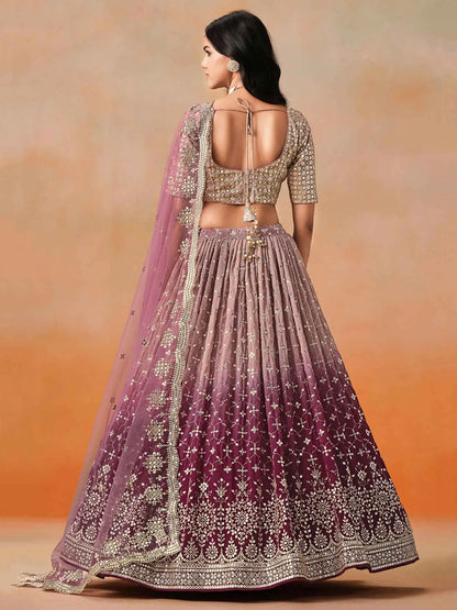 Maroon To Mauve Gradient Georgette Lehenga With Zari Sequins Embroidery Work