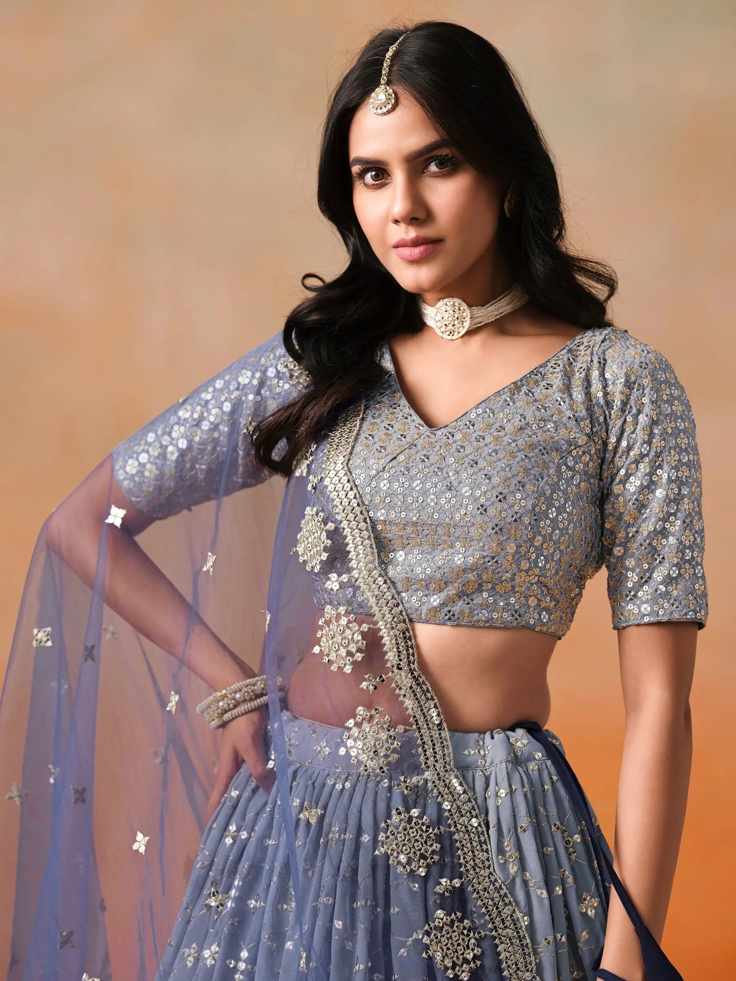 Navy Blue Gradient Georgette Lehenga With Zari Sequins Embroidery Work