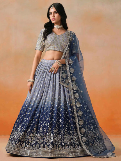 Navy Blue Gradient Georgette Lehenga With Zari Sequins Embroidery Work