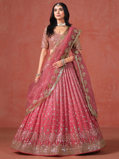 Peach To Pink Gradient Georgette Lehenga With Zari Sequins Embroidery Work