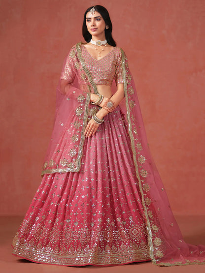 Peach To Pink Gradient Georgette Lehenga With Zari Sequins Embroidery Work