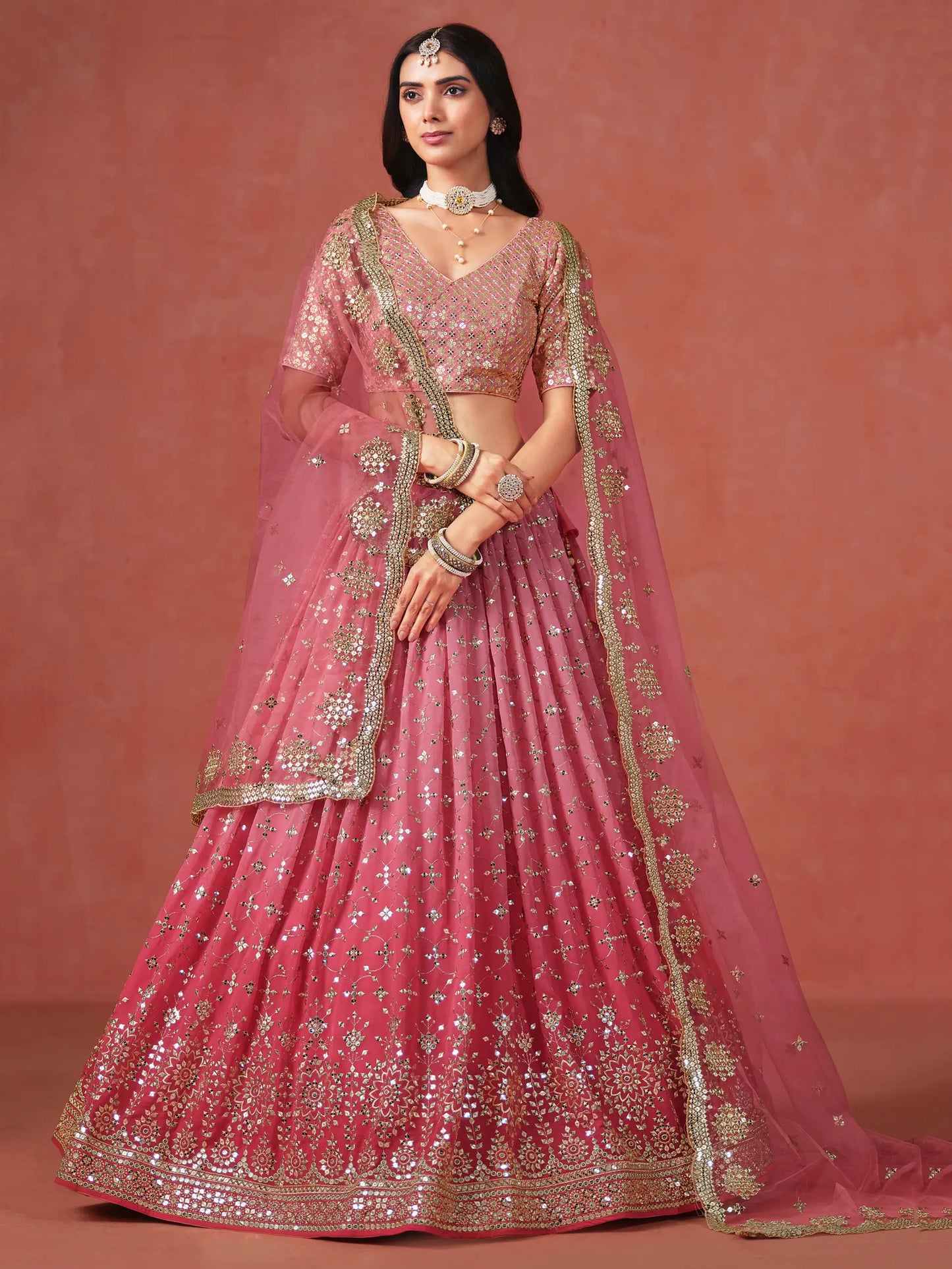 Peach To Pink Gradient Georgette Lehenga With Zari Sequins Embroidery Work