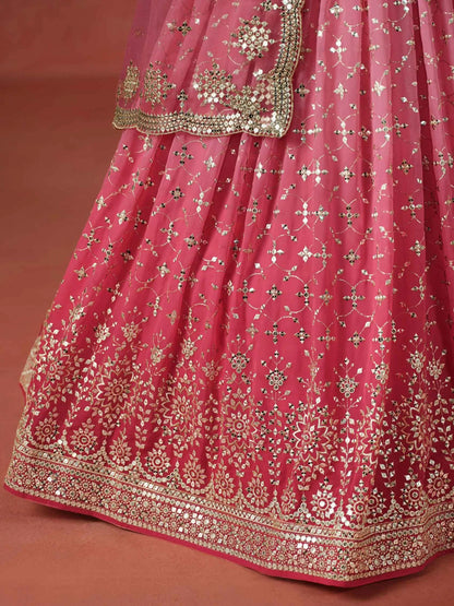 Peach To Pink Gradient Georgette Lehenga With Zari Sequins Embroidery Work