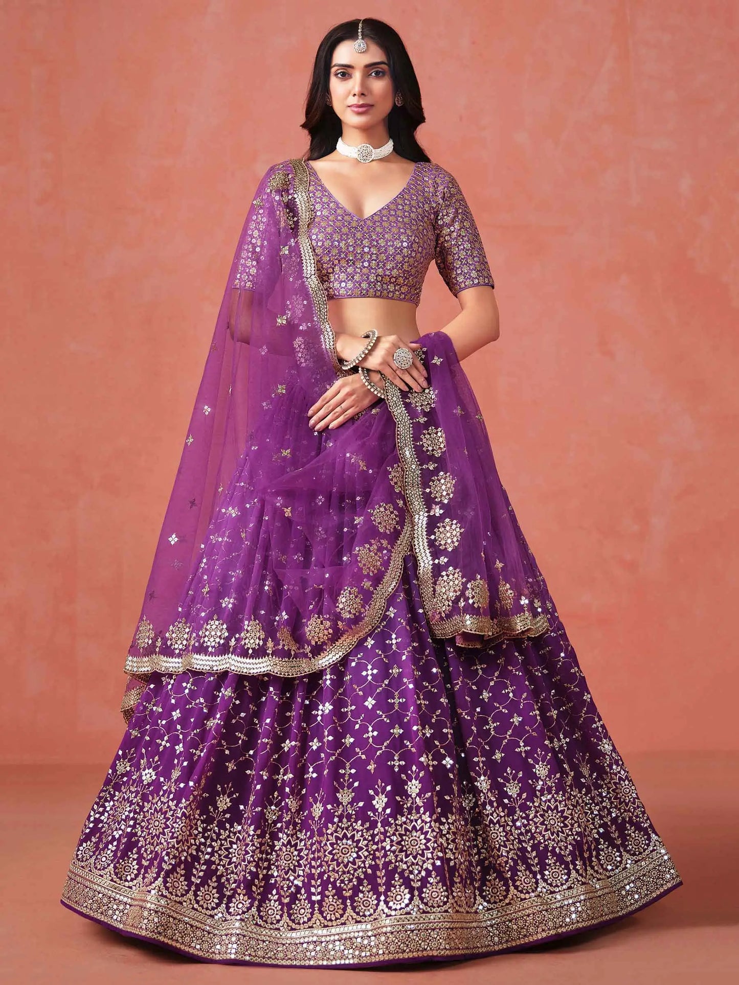Purple Georgette Lehenga With Zari Multiple Sequins Embroidery Work