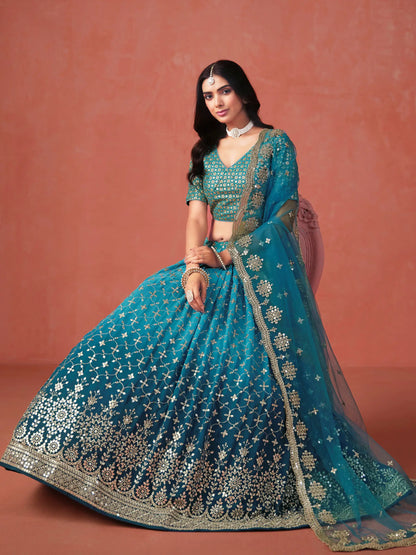 Rama Blue Georgette Lehenga With Zari Multiple Sequins Embroidery Work
