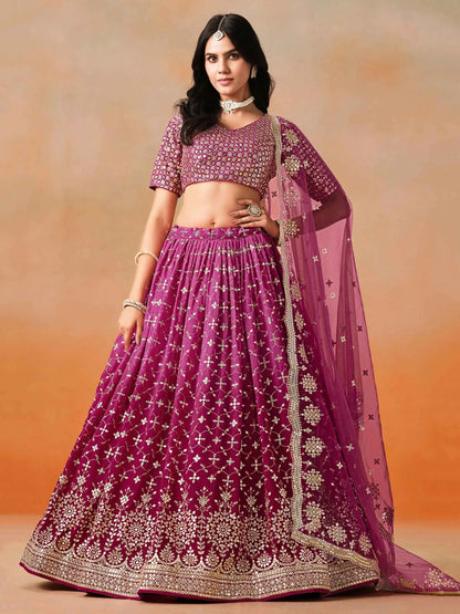 Red Pink Shade Georgette Lehenga With Zari Sequins Embroidery Work
