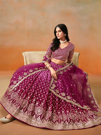 Red Pink Shade Georgette Lehenga With Zari Sequins Embroidery Work