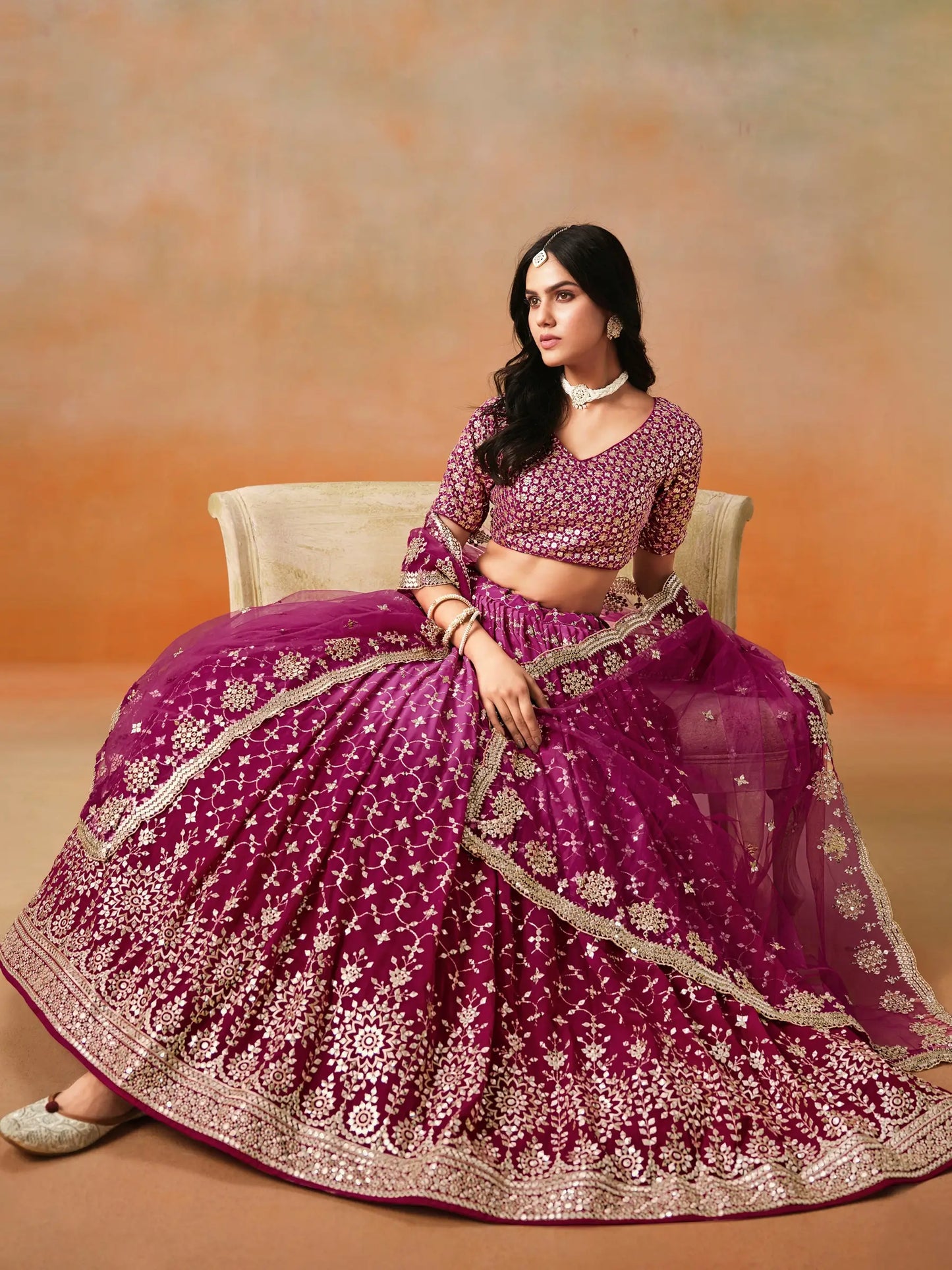 Red Pink Shade Georgette Lehenga With Zari Sequins Embroidery Work