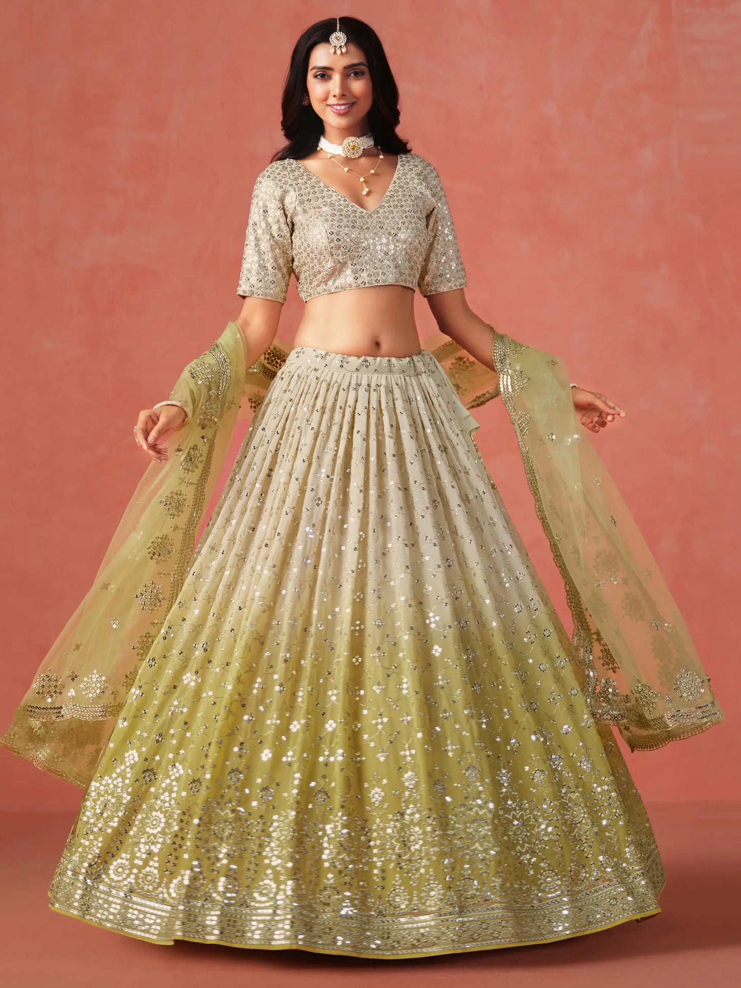 Yellow To Beige Gradient Georgette Lehenga With Zari Sequins Embroidery Work