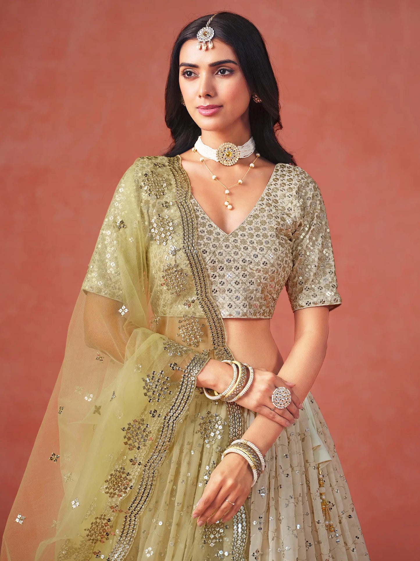 Yellow To Beige Gradient Georgette Lehenga With Zari Sequins Embroidery Work