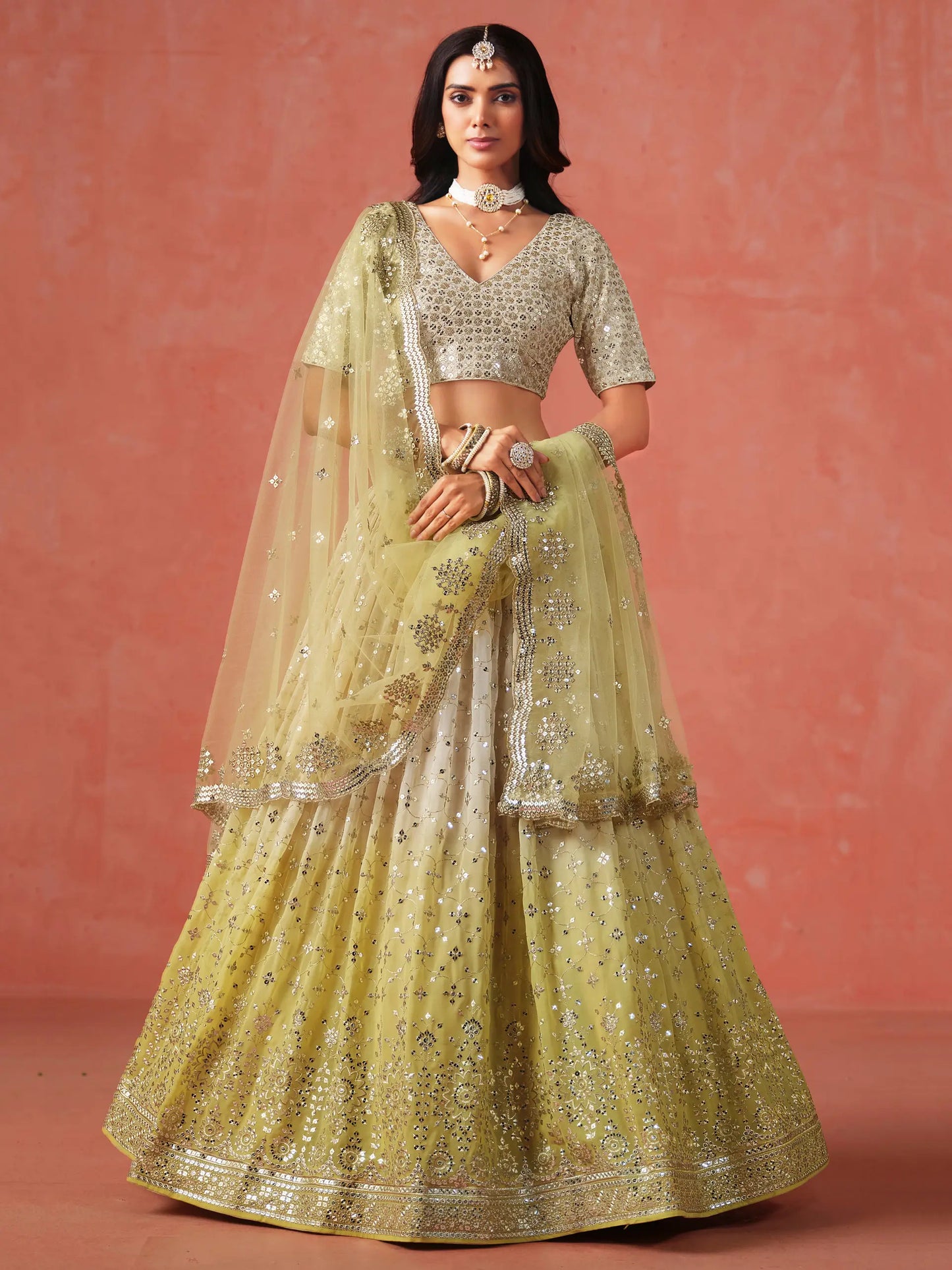 Yellow To Beige Gradient Georgette Lehenga With Zari Sequins Embroidery Work