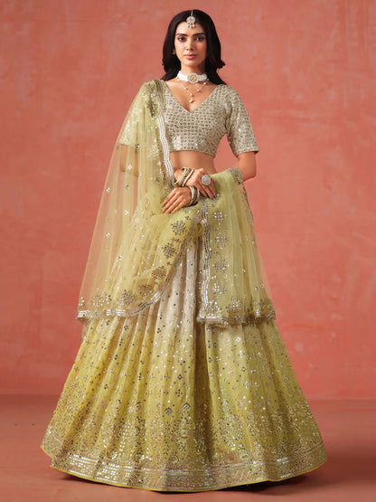 Yellow To Beige Gradient Georgette Lehenga With Zari Sequins Embroidery Work