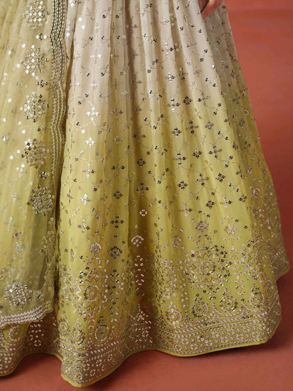 Yellow To Beige Gradient Georgette Lehenga With Zari Sequins Embroidery Work