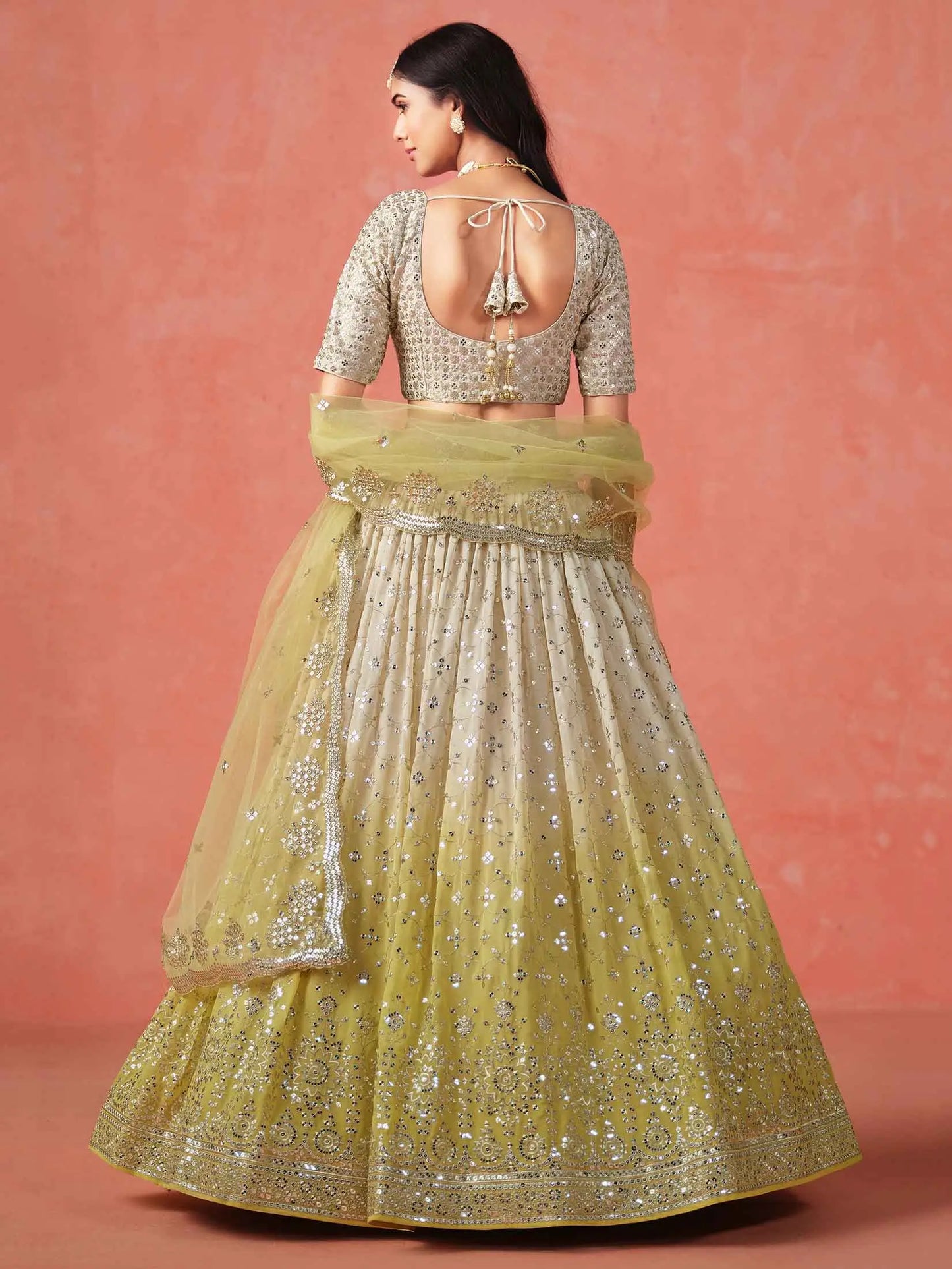 Yellow To Beige Gradient Georgette Lehenga With Zari Sequins Embroidery Work