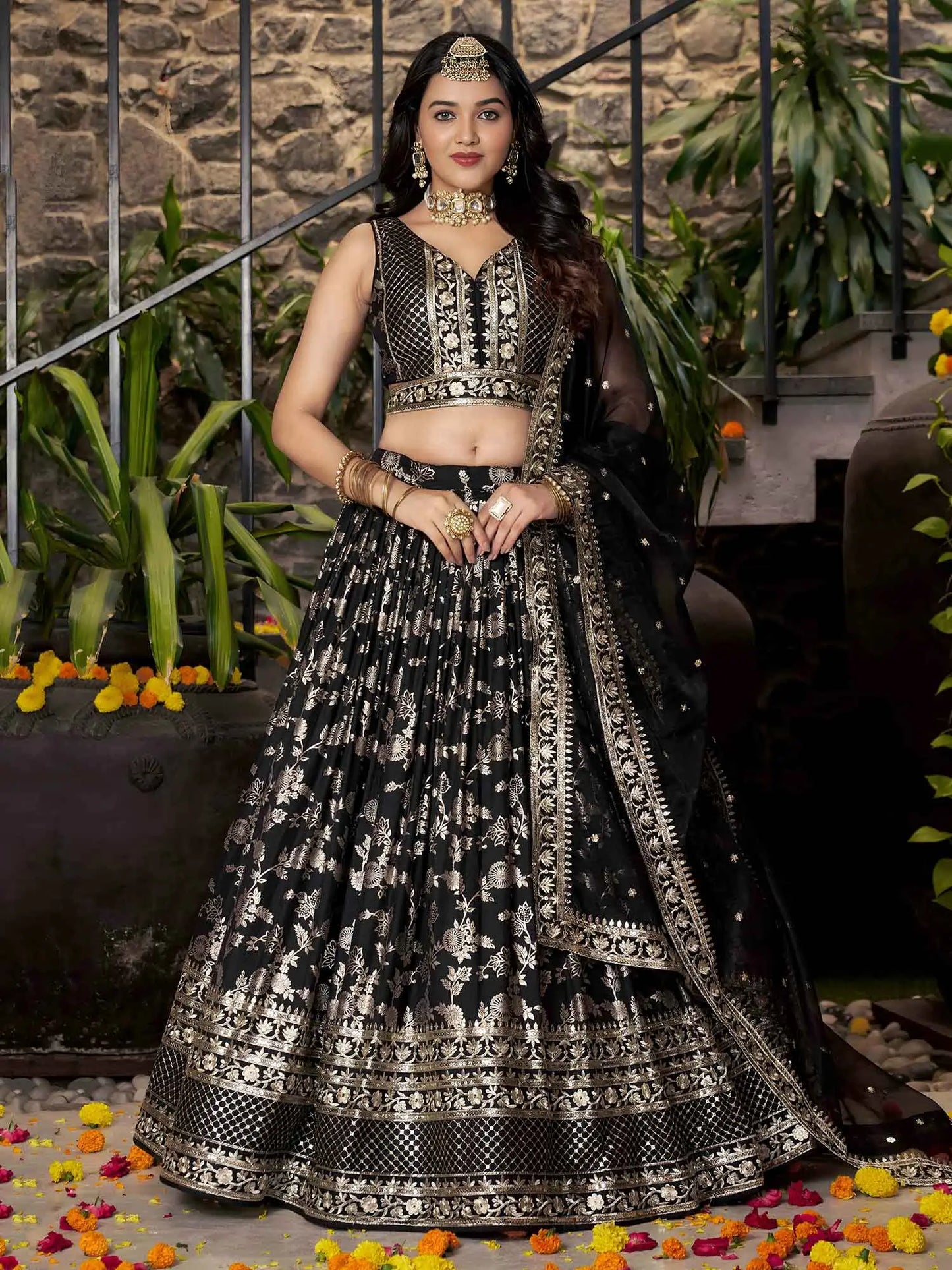 Designer Black Jacquard Lehenga With Zari Sequins Embroidery Work