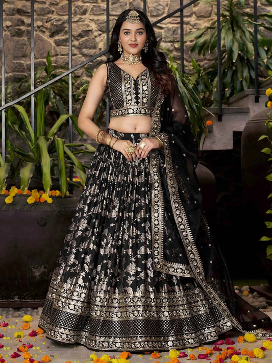 Designer Black Jacquard Lehenga With Zari Sequins Embroidery Work