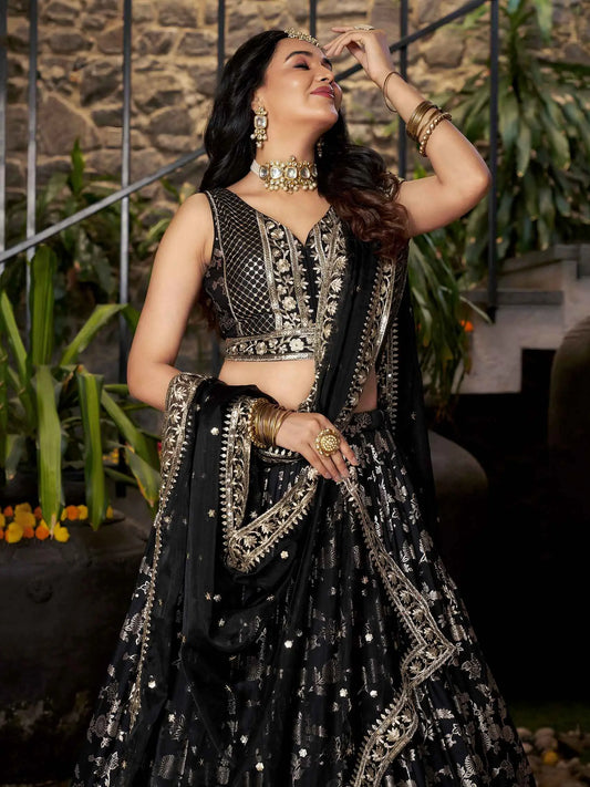 Designer Black Jacquard Lehenga With Zari Sequins Embroidery Work