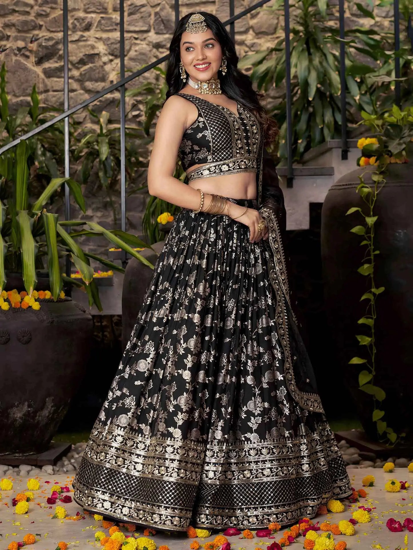 Designer Black Jacquard Lehenga With Zari Sequins Embroidery Work