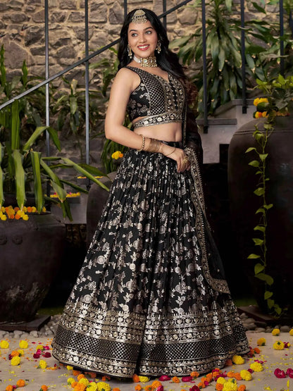 Designer Black Jacquard Lehenga With Zari Sequins Embroidery Work