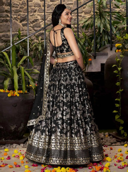 Designer Black Jacquard Lehenga With Zari Sequins Embroidery Work