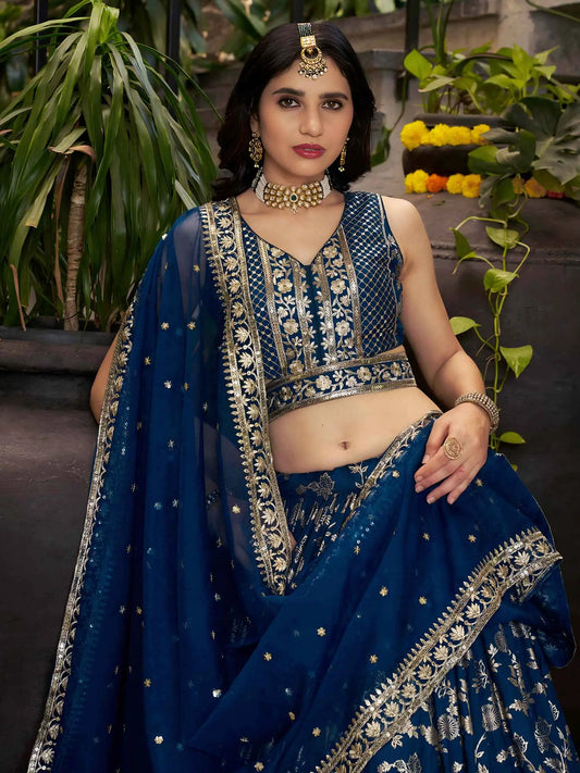 Dove Blue Jacquard Lehenga With Zari Sequins Embroidery Work
