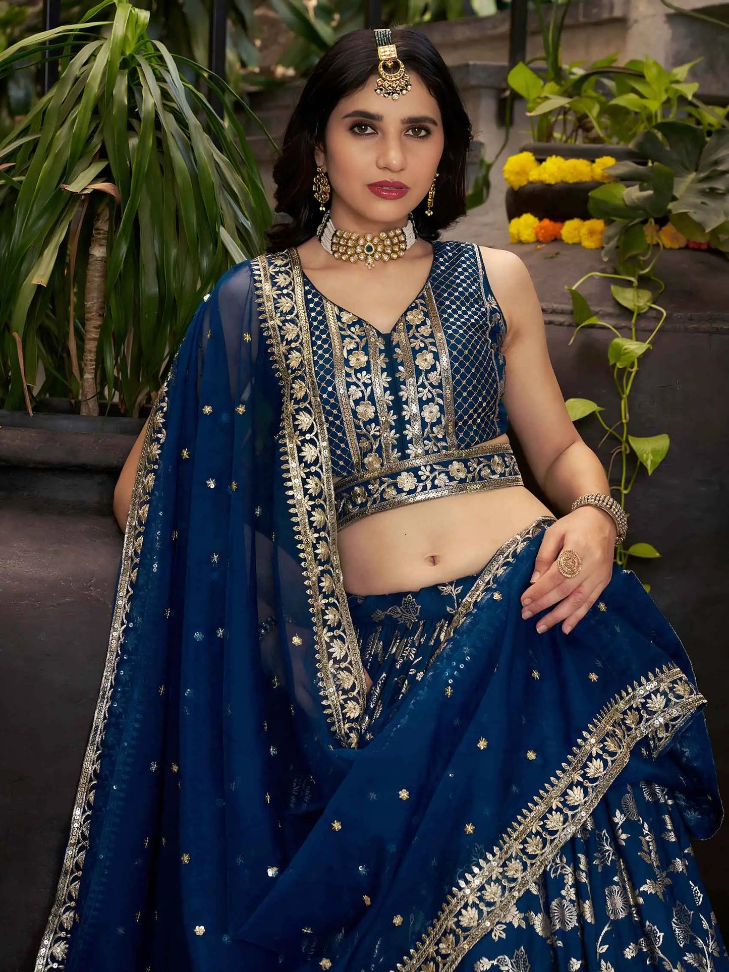 Dove Blue Jacquard Lehenga With Zari Sequins Embroidery Work
