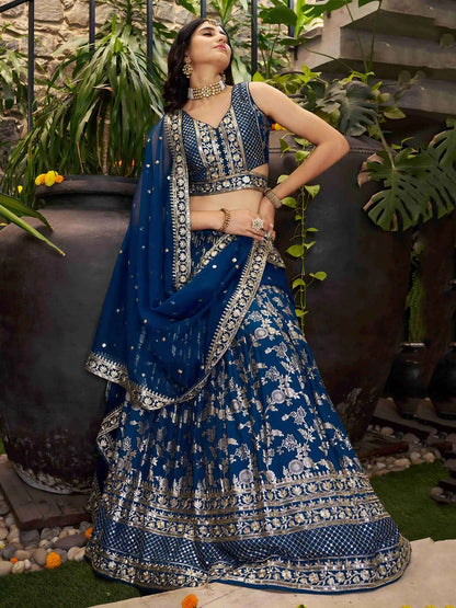 Dove Blue Jacquard Lehenga With Zari Sequins Embroidery Work